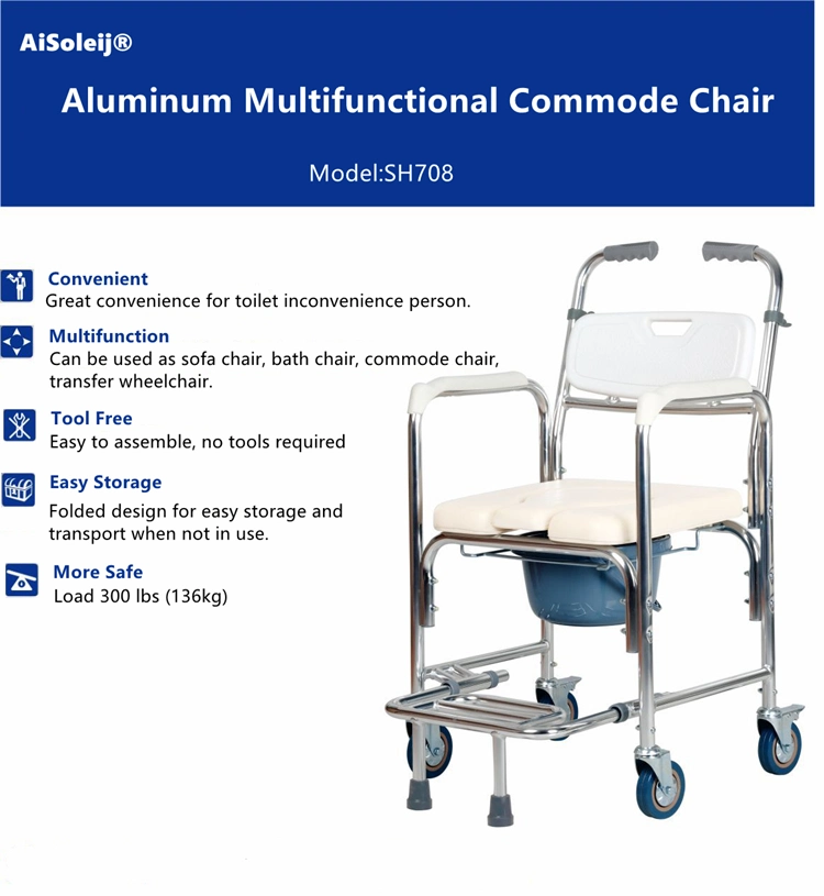 Disabled Aluminum Bath Silla Comoda Commode Wheelchair Chair with Wheels