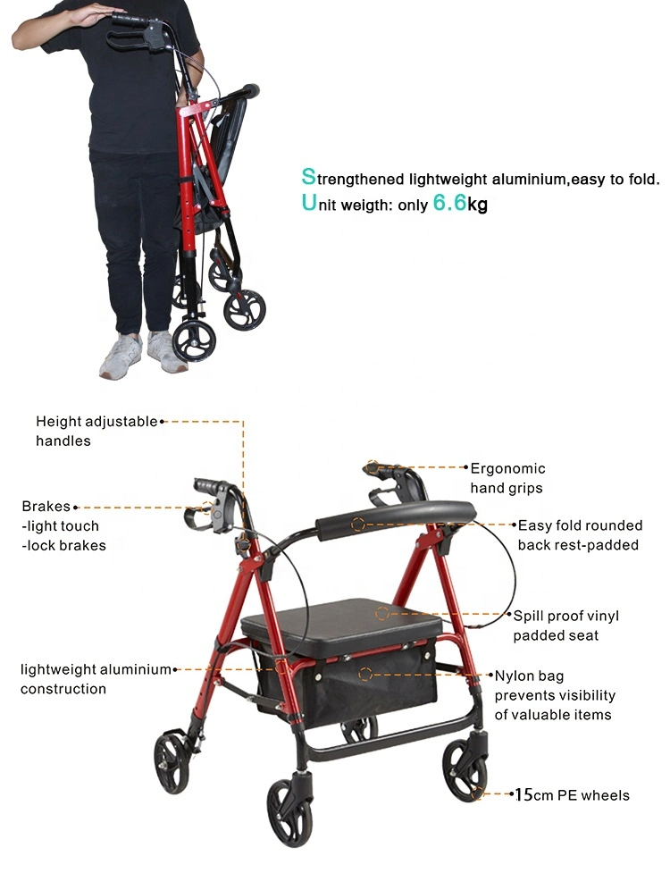 Hot Selling Lightweight Folding Aluminum Rollator Walker with Seat for The Elderly